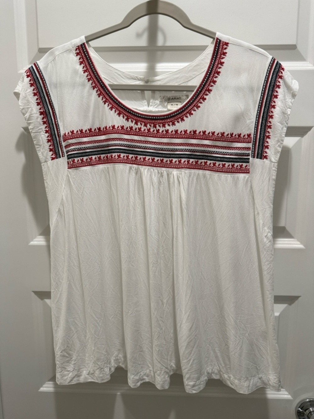Ariat White Scoop Neck Blouse with Red Embroidery